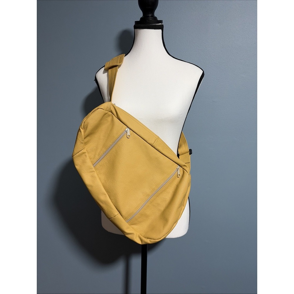 Mustard Yellow Leather Sling Bag Crossbody Made In Mexico 6 Zipped Pockets